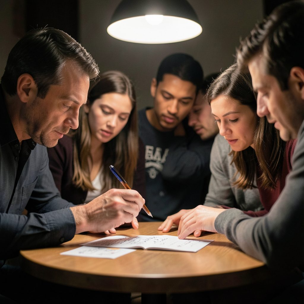 A close-up magic performance at a small table, spectators leaning in, soft overhead light