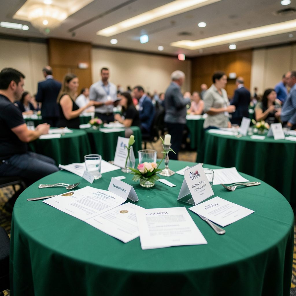 A convention registration table with programmes and name badges, green tablecloth, busy atmosphere