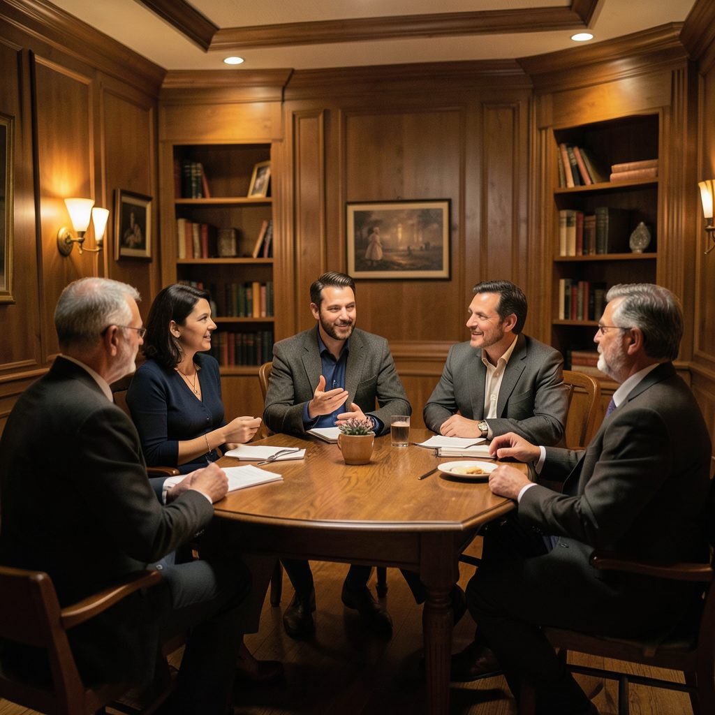 A group of people chatting in a wood-panelled room after a magic lecture, warm amber lighting