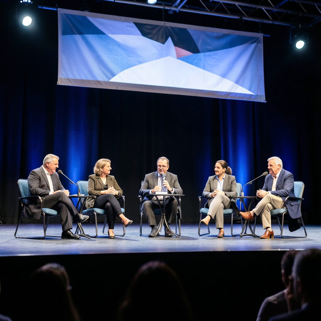 A panel of magicians seated on stage during a convention Q&A, bright stage lights, banner overhead