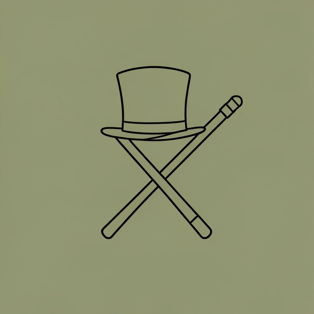A simple line drawing of a top hat and wand crossed on a plain olive green background, calm and minimal in mood.