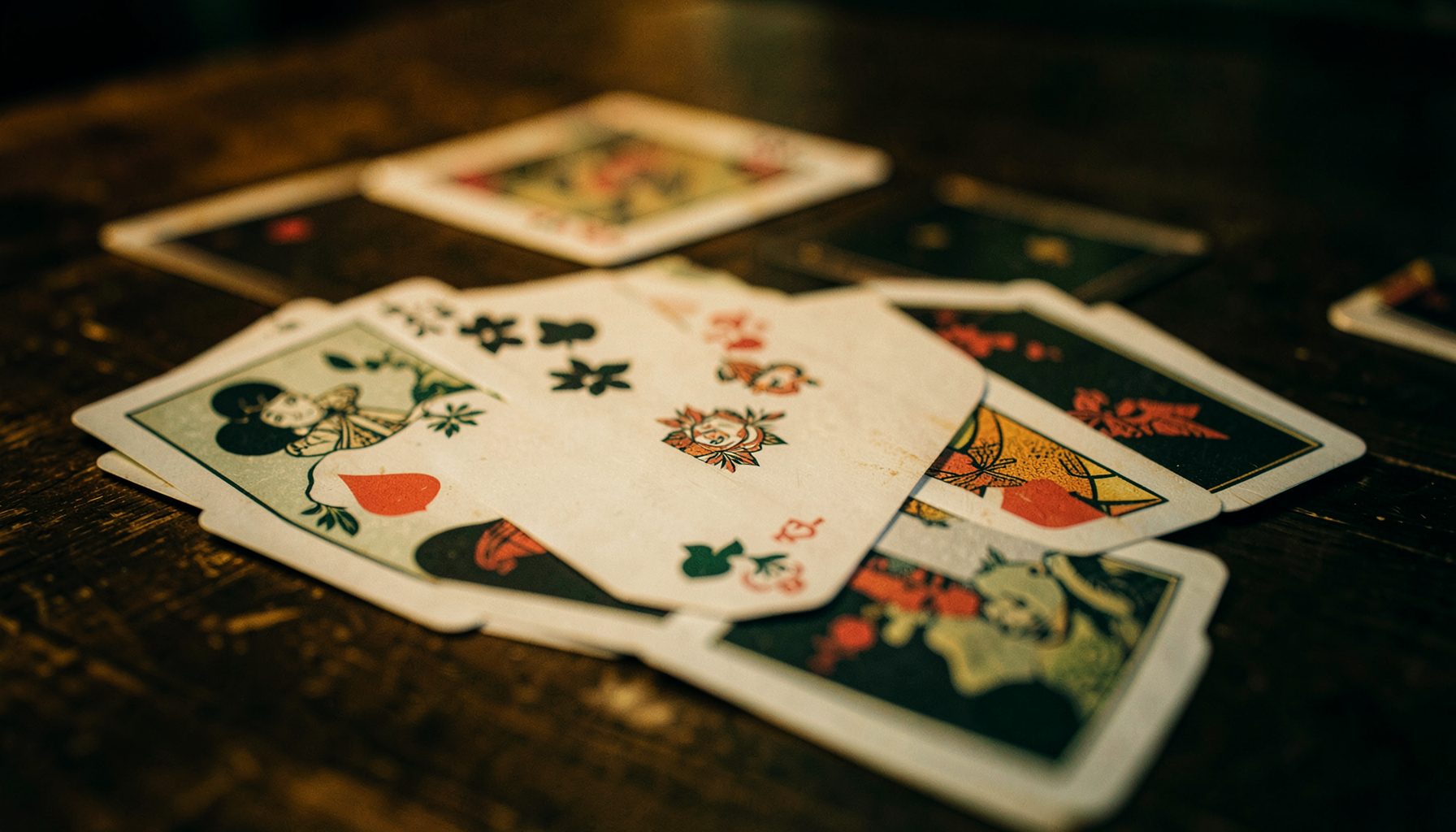 A softly lit close-up of playing cards spread across a dark wooden table, with warm amber and deep green tones.