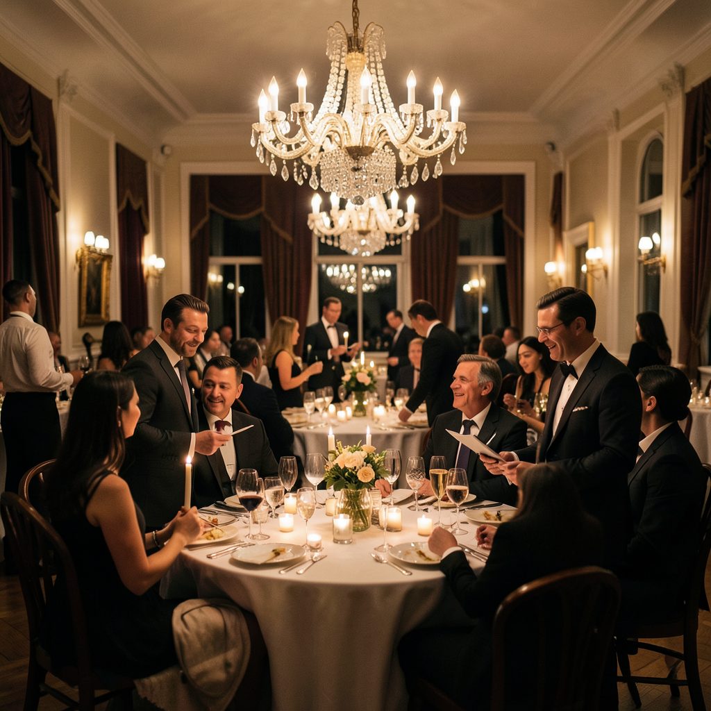 An evening gala dinner with round tables, magicians mingling, warm chandelier light