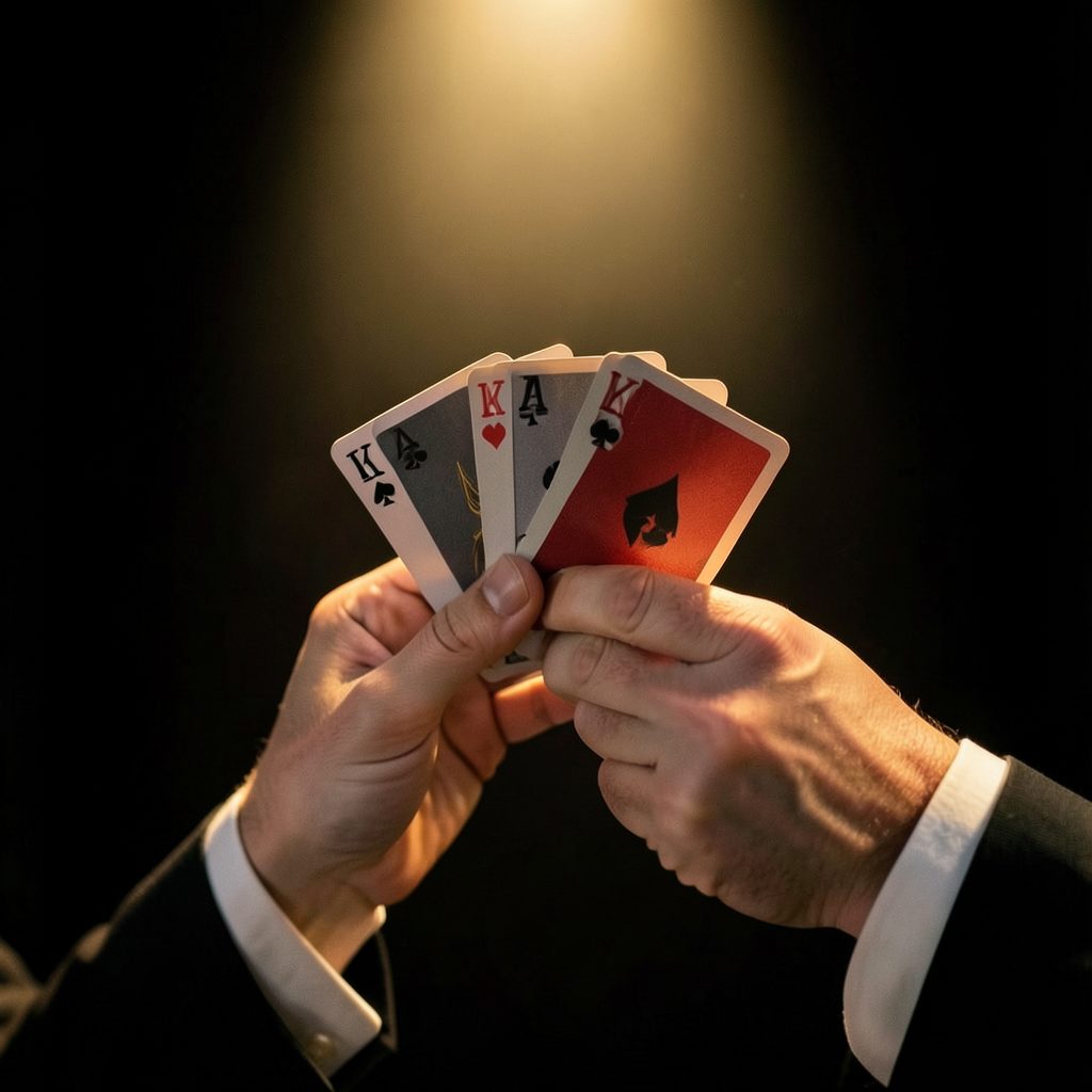 Close-up of a magician's hands holding playing cards, soft golden spotlight, dark background