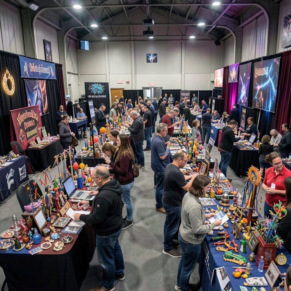 Dealers' hall at a magic convention, tables laden with tricks and props, visitors browsing