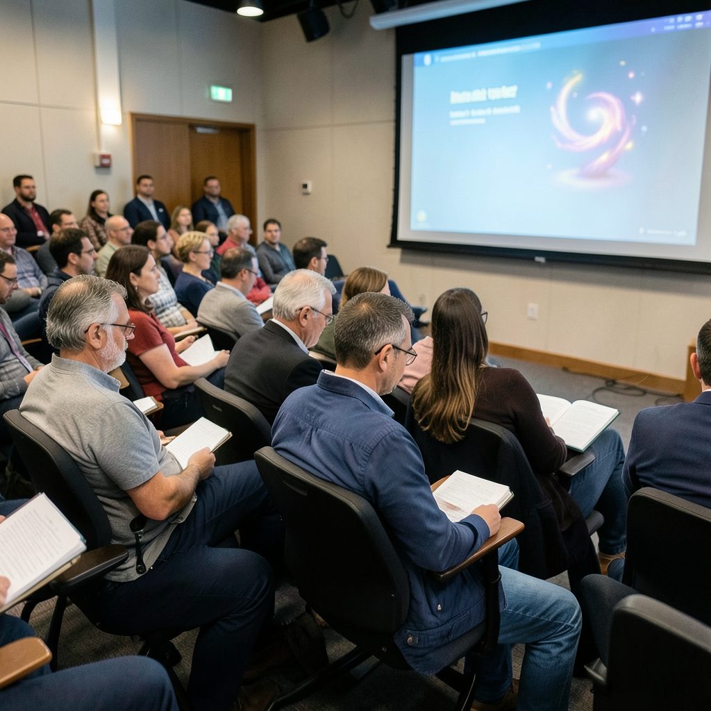 Rows of seated attendees at a magic lecture, notebooks open, projector screen visible