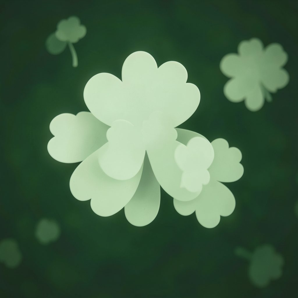Soft abstract clover-like shapes in pale green, floating against a darker green background, evoking a gentle Irish magic.